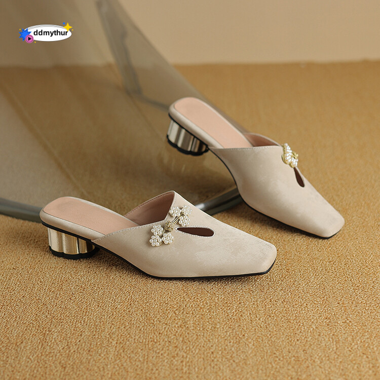 Chinese style Baotou Slippers 2024 Summer New Elegant Beaded Decoration 3.5cm Comfortable Round Heel