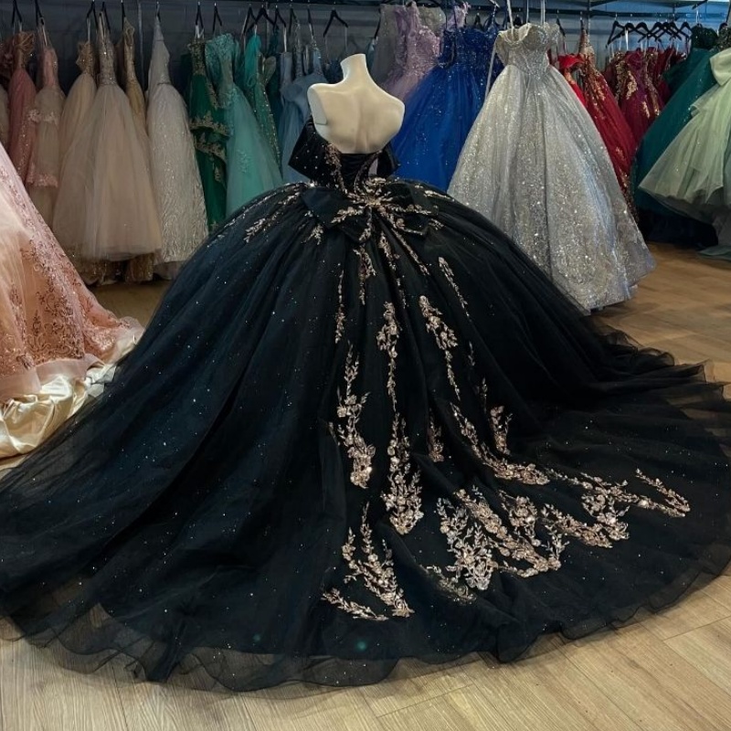 Black Gillter Princess Quinceanera Dresses Gold Sequin Applique Lace Beads Bow Tull Corset Lace-up vestidos de 15 anos Sweet 16 Dress