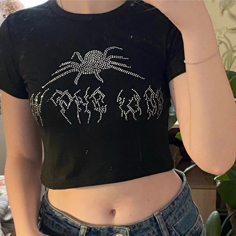 Spider Rhinestone Summer Crop Tops Black Y2k Streetwear Sexy Short Sleeve Tight Tshirts For Women Slim Tee 2000s Clothes 250320