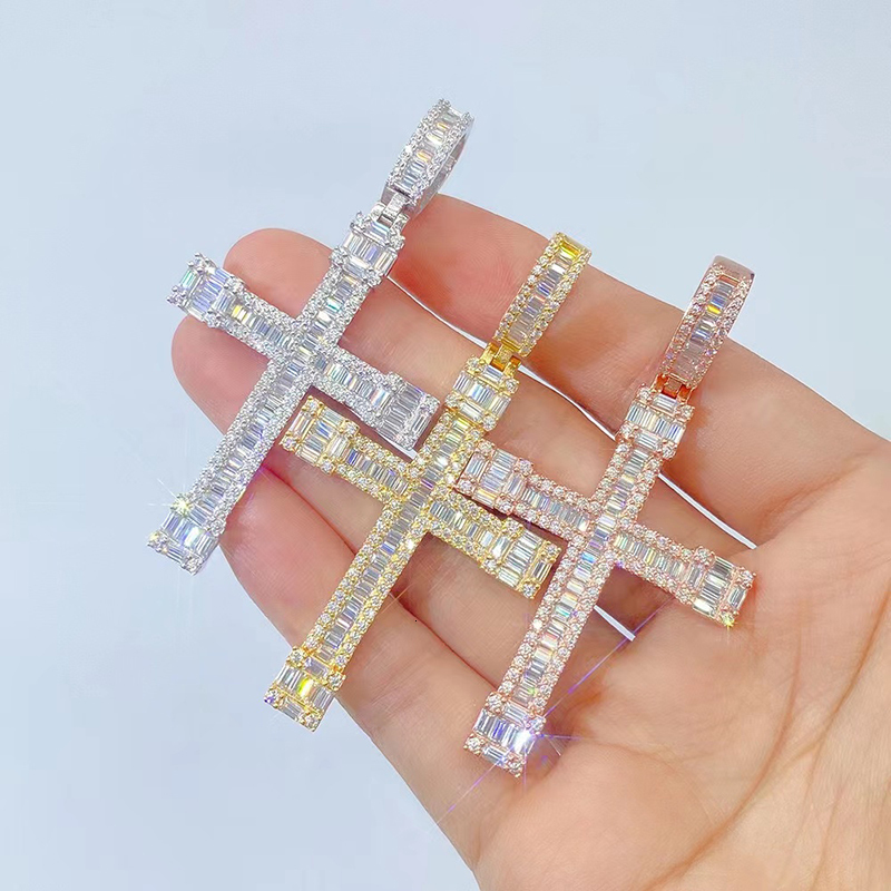 Iced Moissanite Cross Pendant Hiphop 925 Silver Rectangle D Color Moissanite Diamond Pendant Women Men Ins Handmade Jewelry Gift