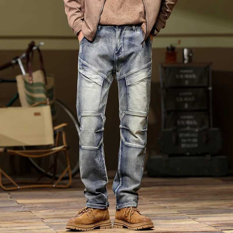Nostalgic Multi-pocket Work Jeans Mens Stretch Large Size Straight Slim Military Style Jeans Punk Rock Straight Jeans 40 42 44T250319