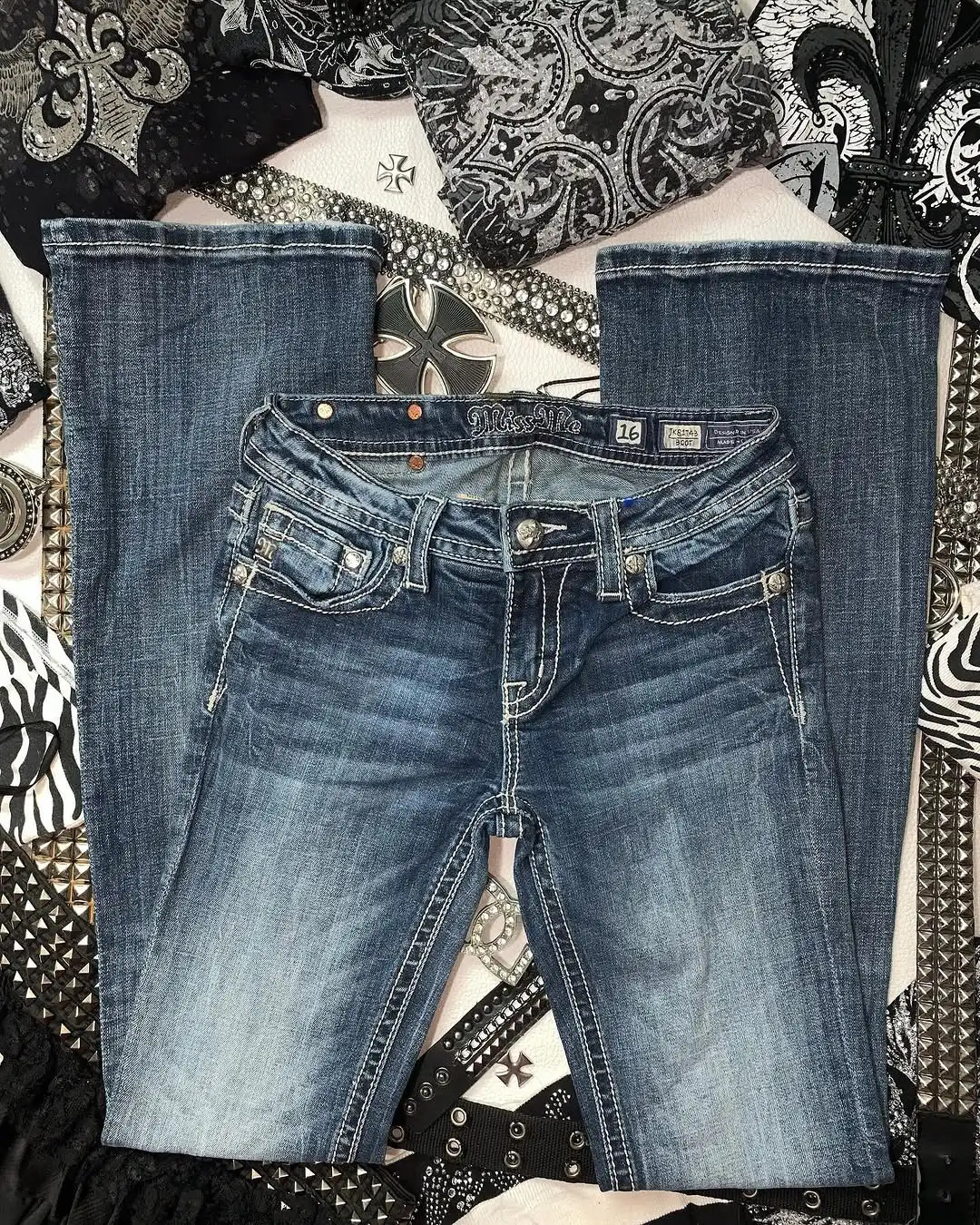 Y2k Retro Gothic High Waited Jeans Diamond Embroidery Pattern Blue Jeans Woman Hip Micro Horn Baggy Jeans Street Clothing 250319