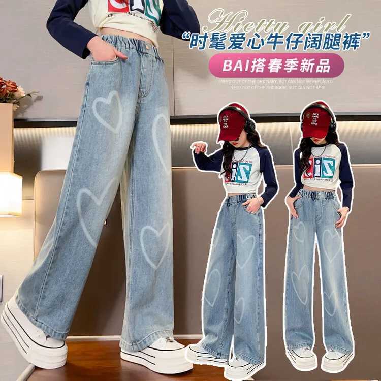 Childrens school loose Trouser big girl new arrival jeans with rope heart-shaped pattern spring and autumn fashion wide leg pants high qualityT250326
