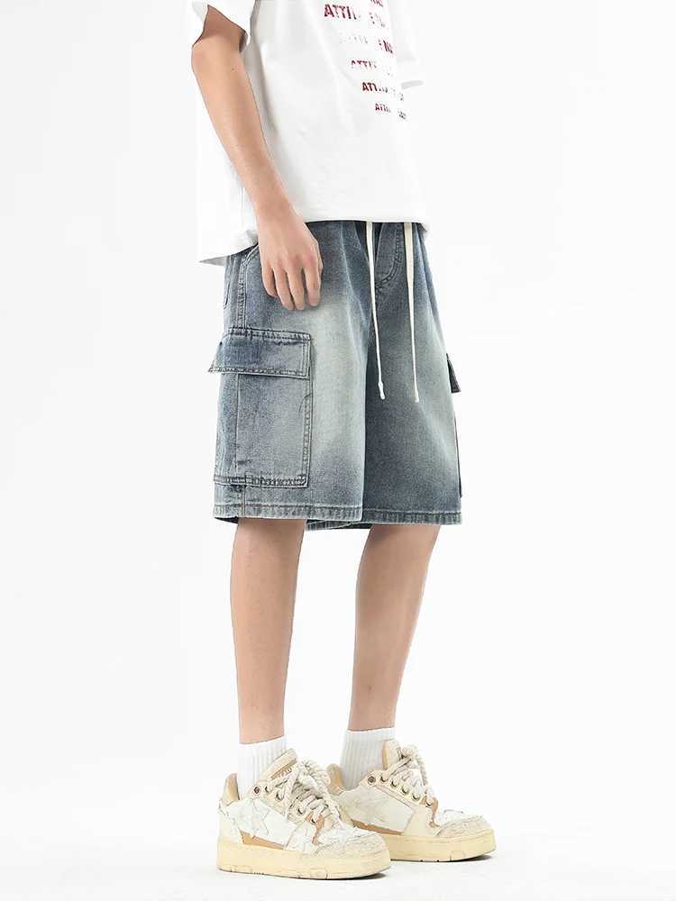 Summer mens denim shorts Korean fashion streetwear wide leg straight shorts casual loose jeans W250319