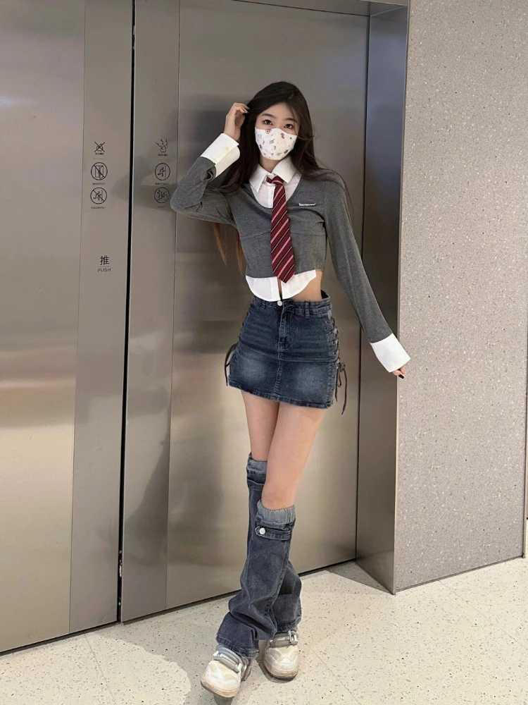 2024 Sweet Design Y2k denim decal set womens lace short skirt+leg warm jeans high waist elastic casual two-piece setXJ250320