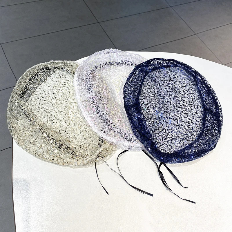 Thin Sequin Mesh Hat Women Spring Summer Niche Personality Sweet Cool Beret Fashion Lace Cutout Painter Hat Baotou Hats 250320