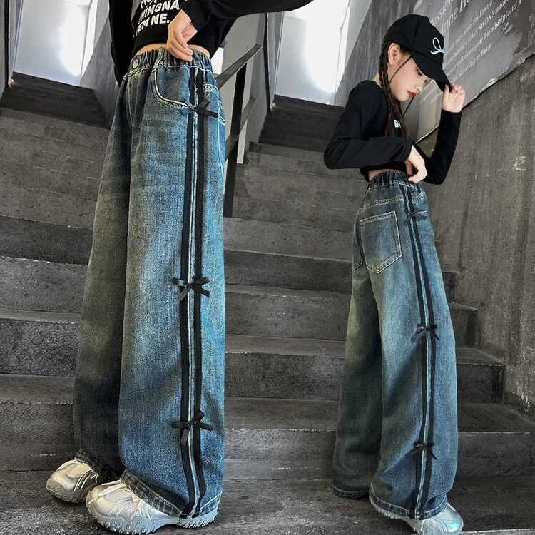 Girl Spring Autumn Side Stripe Bow Design Jeans Childrens Loose Straight Wide Leg Denim Trouser Teen Laundry 4-15YT250326