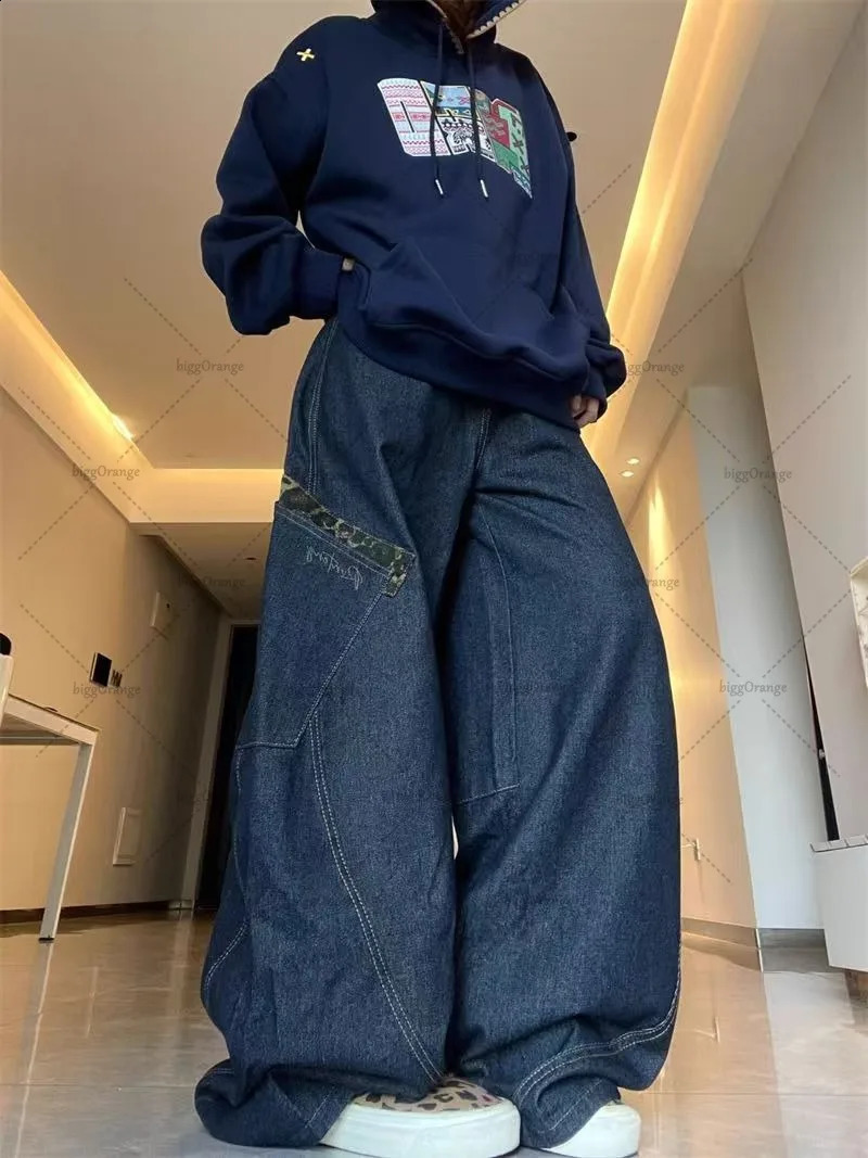 American Y2k Harajuku Washing Jeans Leopard Print Dark Blue High Street Retro Clothing Loose Super Large Straight Wide-leg Pants 250319