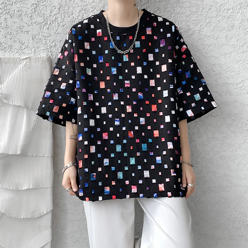 Summer cotton short sleeved Tshirt mens colorful checkered streetwear Korean loose hollow plus size 5XL 250318