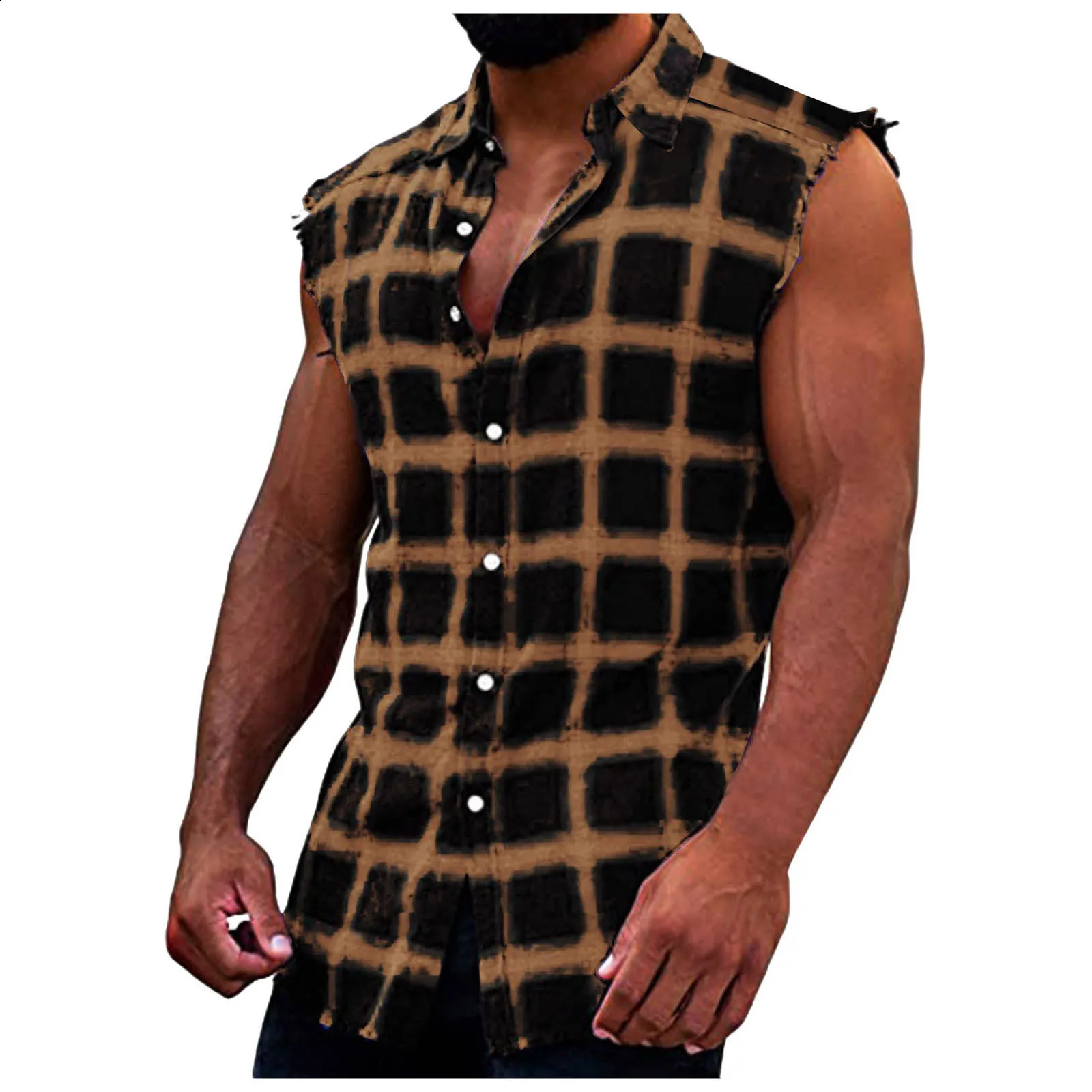 Mens sleeveless flannel vest casual loose button denim flat top up shirt plus size Camiseta Masculina Playeras 250319
