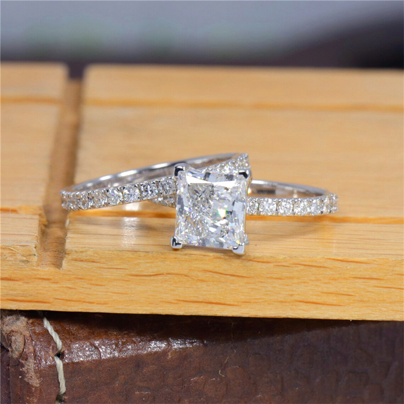 Jewelry 14K White Solid Gold Princess Cut 2.0 Carat Lab Diamond Engagement Ring Set Real Gold Ring Eternity Band For Wedding Gift