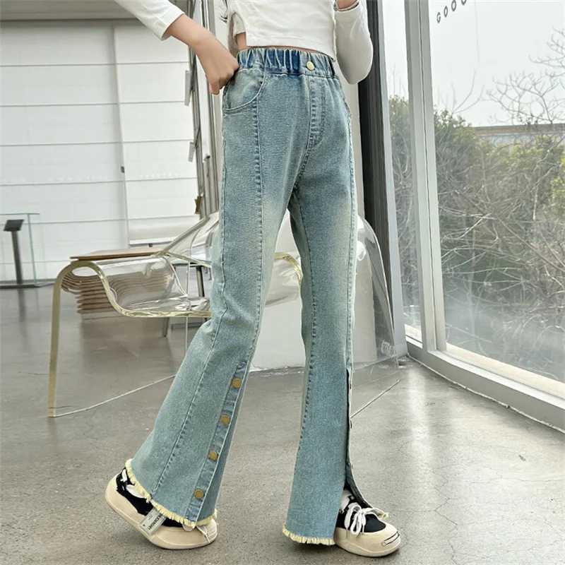 Girls 2024 new jeans childrens spring staple button slit flare pants 6-15 years oldT250326