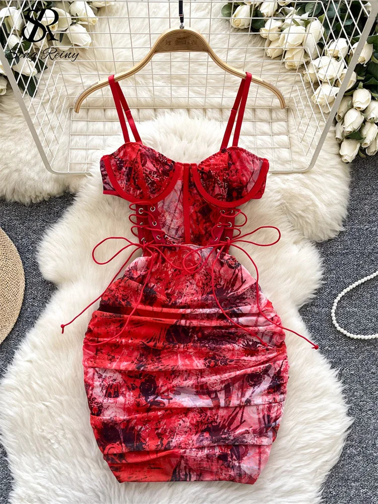 SINGREINY Summer Short Strap Dress Ladies Strapless Lace Up Hollow Out Pleated Slim Fit Print Sexy Clubwear Bodycon Dress 250317