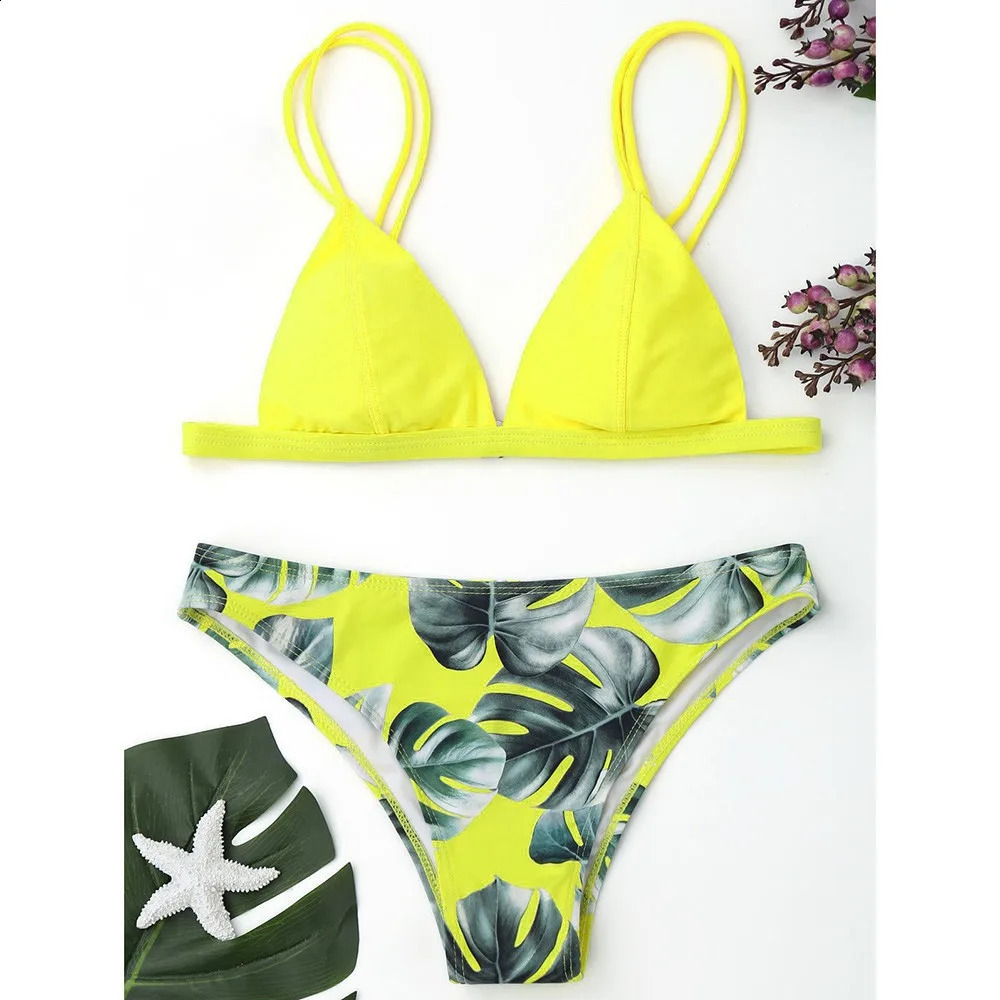 Womens swimsuit bikini set printed leaf push up apron beachwear 250319