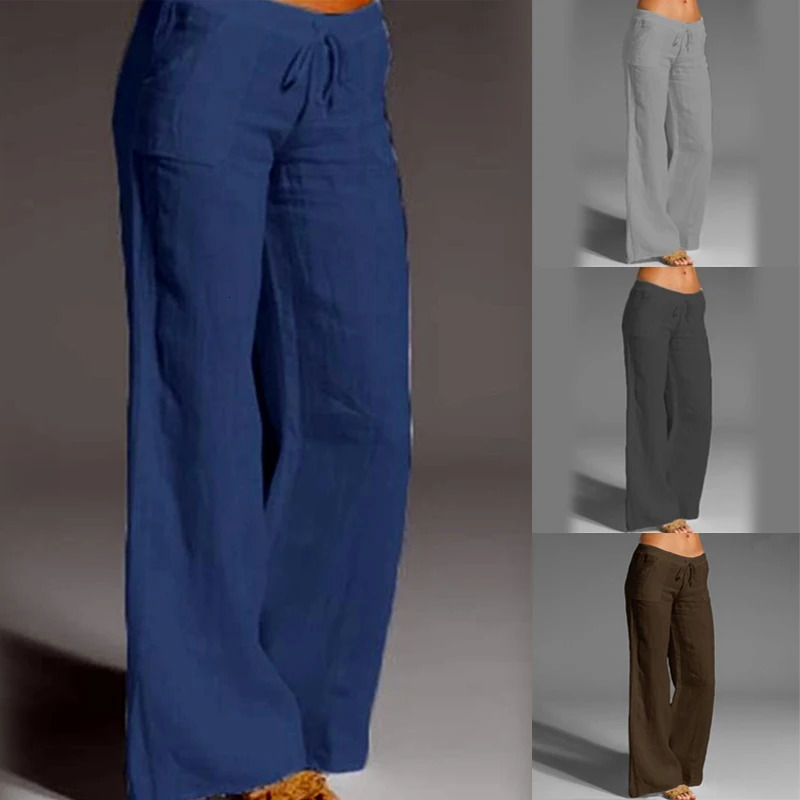 Women Cotton Linen Wide Leg Pants Fashion Elastic Drawstring Waist Straight Long Pants Loose Casual Solid Pockets Trousers 250320