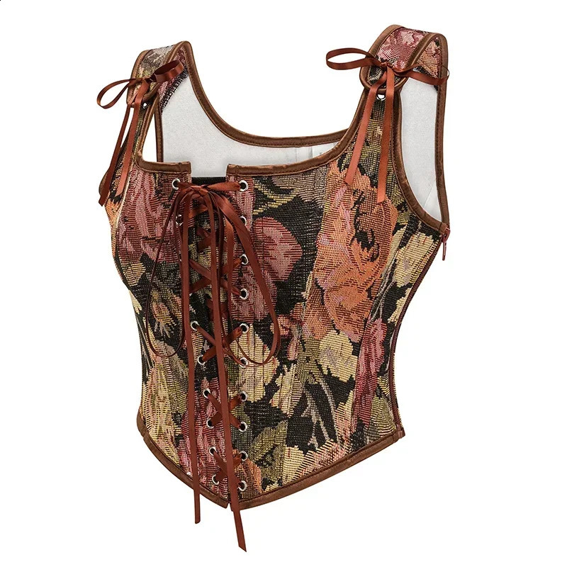 Vintage Gothic Women Corsets Lace Up Zip Floral Prints Corset Tank Top Sexy Waist Trainer Body Shaper Shapewear Slimming Vest 250319