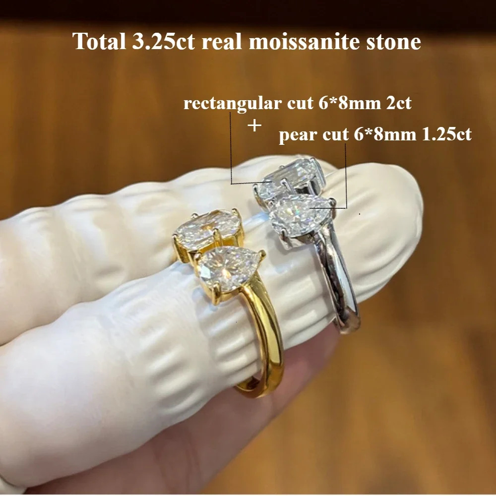 FEOBUR 3.25cttw Radiant Pear Cut Moissanite Diamond Rings for Wome S925 Sterling Silver Two-stone Open Ring Wedding Jewelry