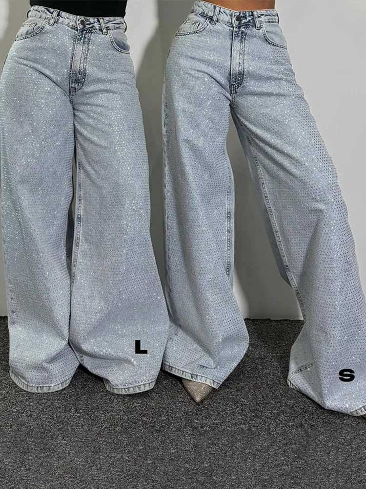 Shiny rhinestone denim womens pants full diamond womens jeans high rise pockets dragging extremely tight pants wide leg summer jeansT250319