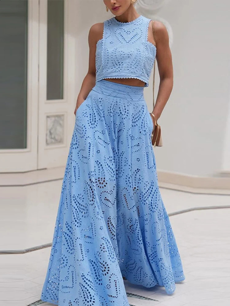 Hollow Out Sleeveless Top Half Skirt Set Embroidered Pocket Long Skirts Casual Holiday Temperament Waist Cinching Two-Piece Set 250319