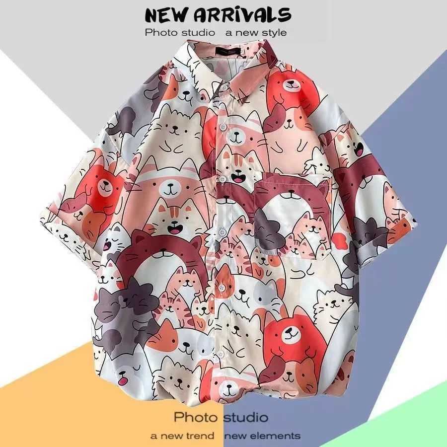 Mens Street Fashion Summer Daily Shirt Hawaiian Cartoon Print Casual Loose Shirts Short Sleeve Beach Loose Tops M250321