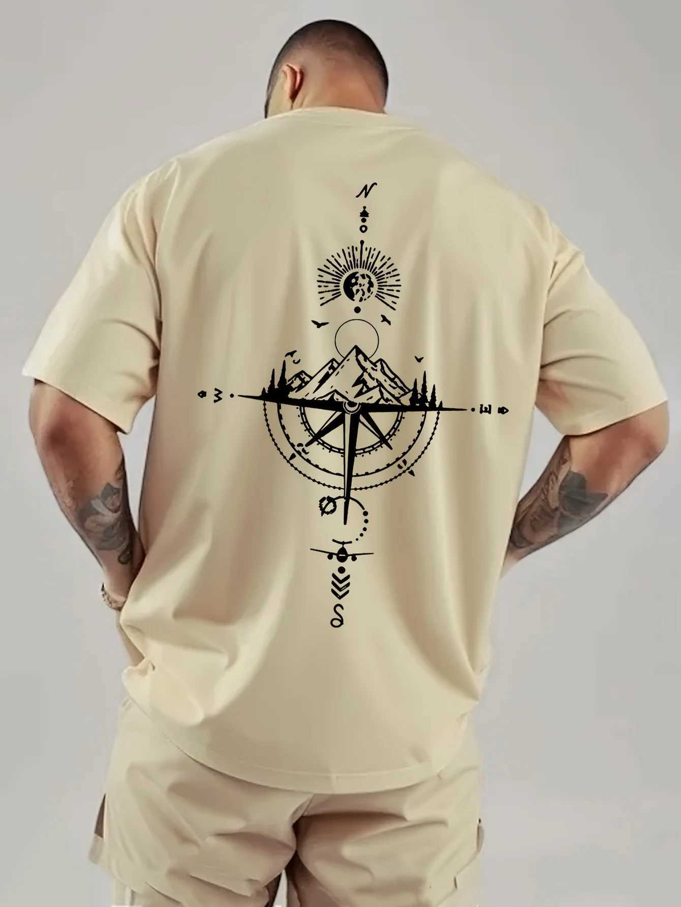 Summer mens 100% pure cotton casual sports loose retro compass print comfortable round neck short sleeved T-shirtT250319