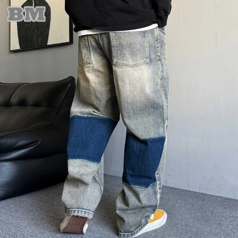 Fashionable mens bag jeans hip-hop street clothing decals work washing denim oversized casual retro loose suitable for urban TrousersT250319