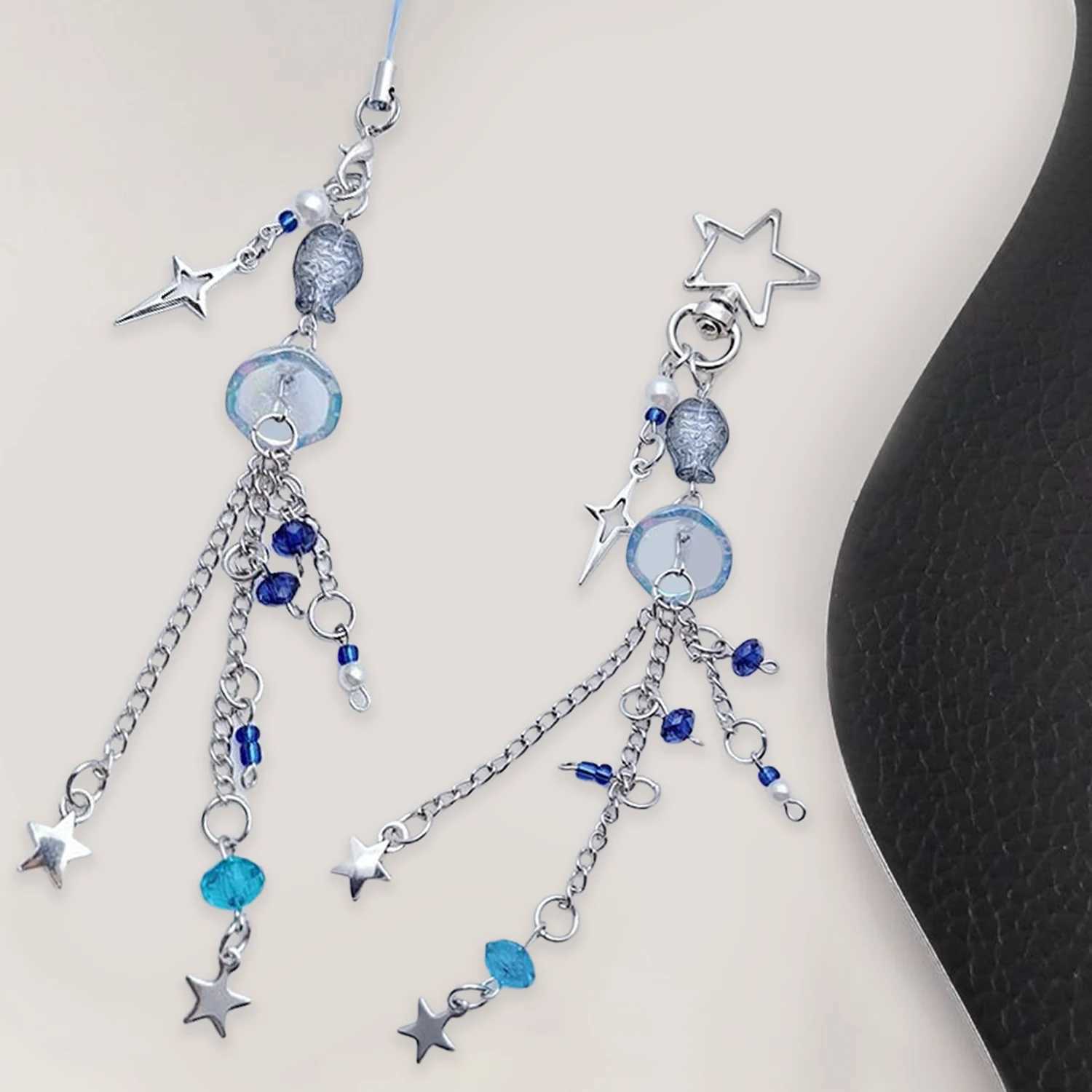 Ocean themed inspiration hollow star pendant blue jellyfish mobile phone charm hanging rope cute mobile phone chain with Y2K bead key chainXJ250319