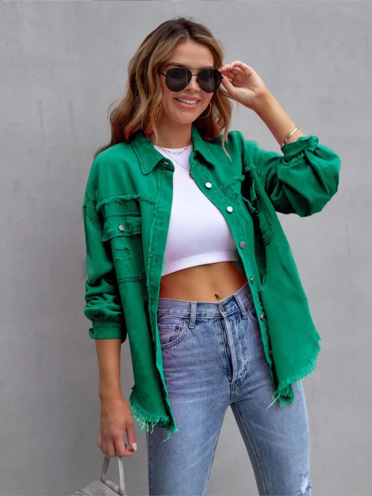 Autumn and Winter Womens Denim Jacket Fashion Grinding Edge Piercing Long Sleeve Single Chest Casual Collar Top 250317