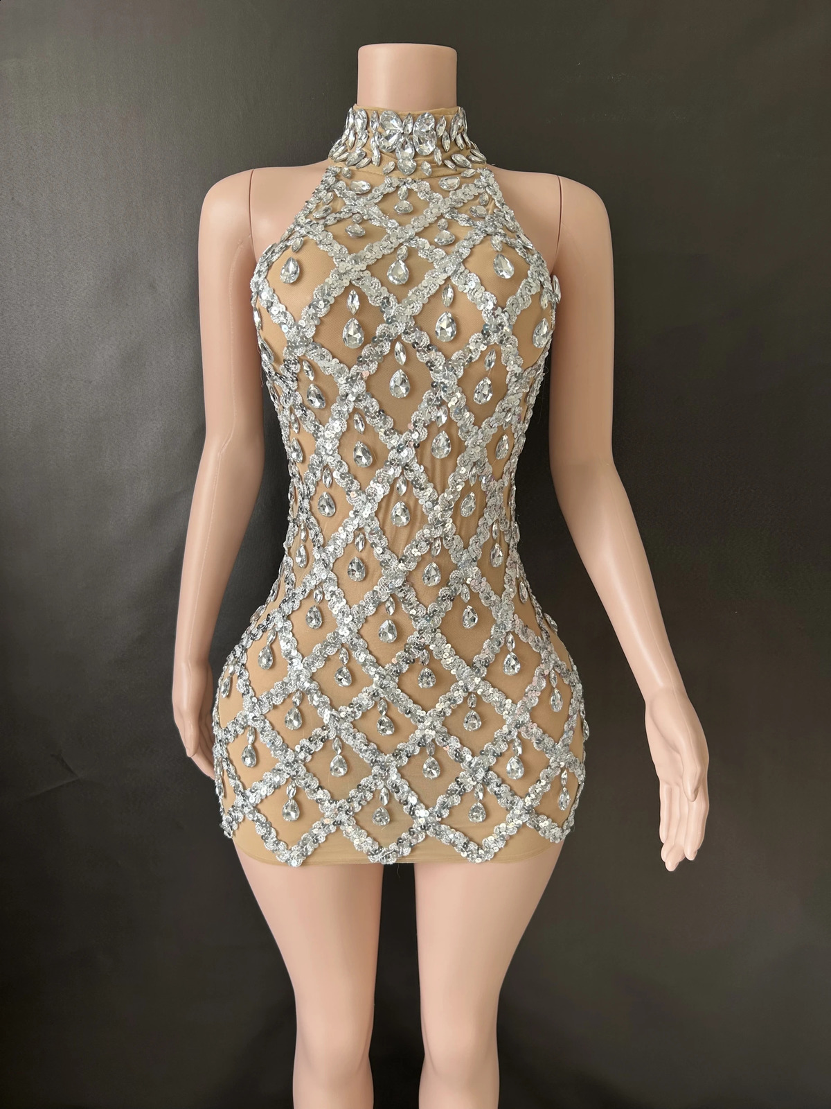 Women Sexy Stage Shining Rhinestone Sequins Dress Evening Prom Birthday Dress Transparent Performance Singer Club Host Dress 7G 250319