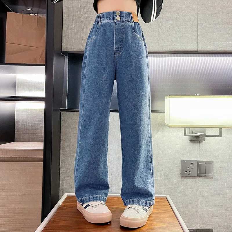 Girls Jeans Autumn Casual Loose Side Gradient Color Young Children Wide Leg Pants 8 10 12 13 14 Years Teen School Kids TrousersT2502320