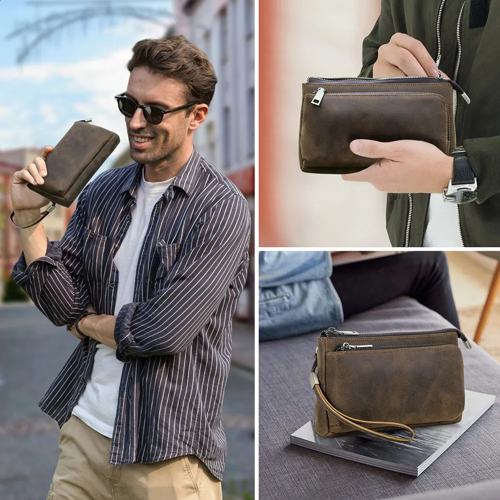 Cowhide mens clutch bag genuine leather business travel handbag large capacity cable organizer wallet retro style 250317