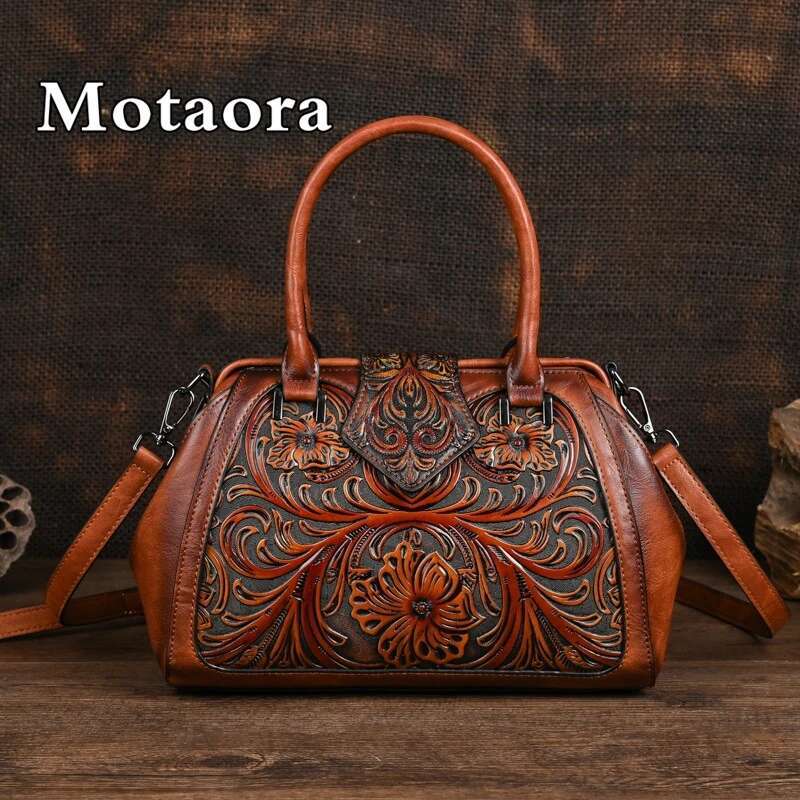 MOTAORA New Vintage Emed Handmade Handbag For Women Versatile PU Leather Shoulder Bag Large Capacity Crossbody Bags Female