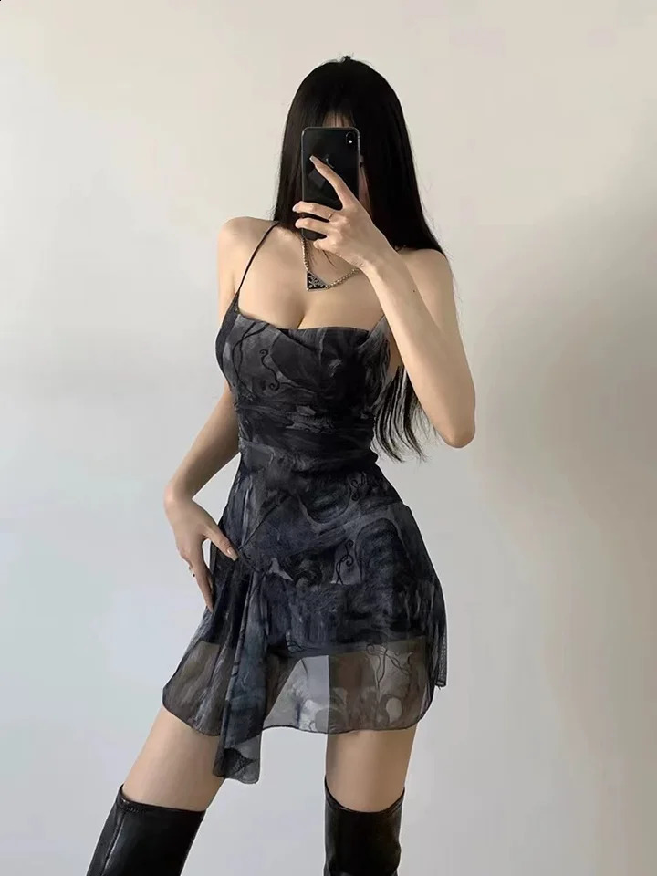 Summer sleeveless A-line dress womens short skirt net sexy spicy girl cross without back irregular print with dress party night 250317