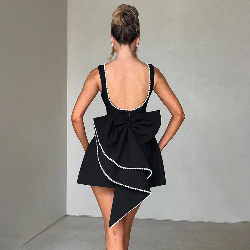 Townlike Bow Pearl Backless Sexy Party Dress Women Mini Summer Dress Elegant Waist Wrap A-line Dresses 250314