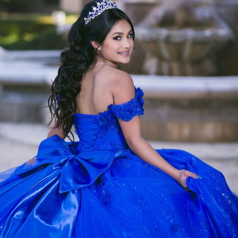Royal Blue Shiny Quinceanera Dresses Off The Shoulder Princess Applique Beads Crystal Tull Sweet 16 Birthday Party Gown Vestido De 15 Anos