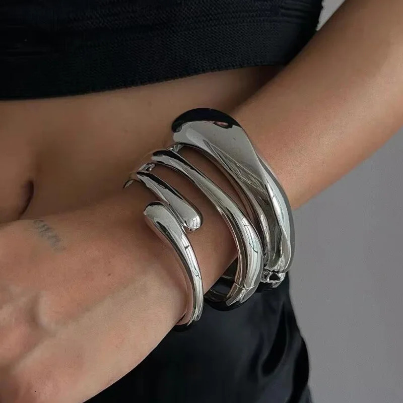 3 Styles Punk Vintage Wide Cuff Bangles Hip Hop Gold Silver Color Geometric Metal Spring Chunky Bangle Women Bracelets Jewelry 250320