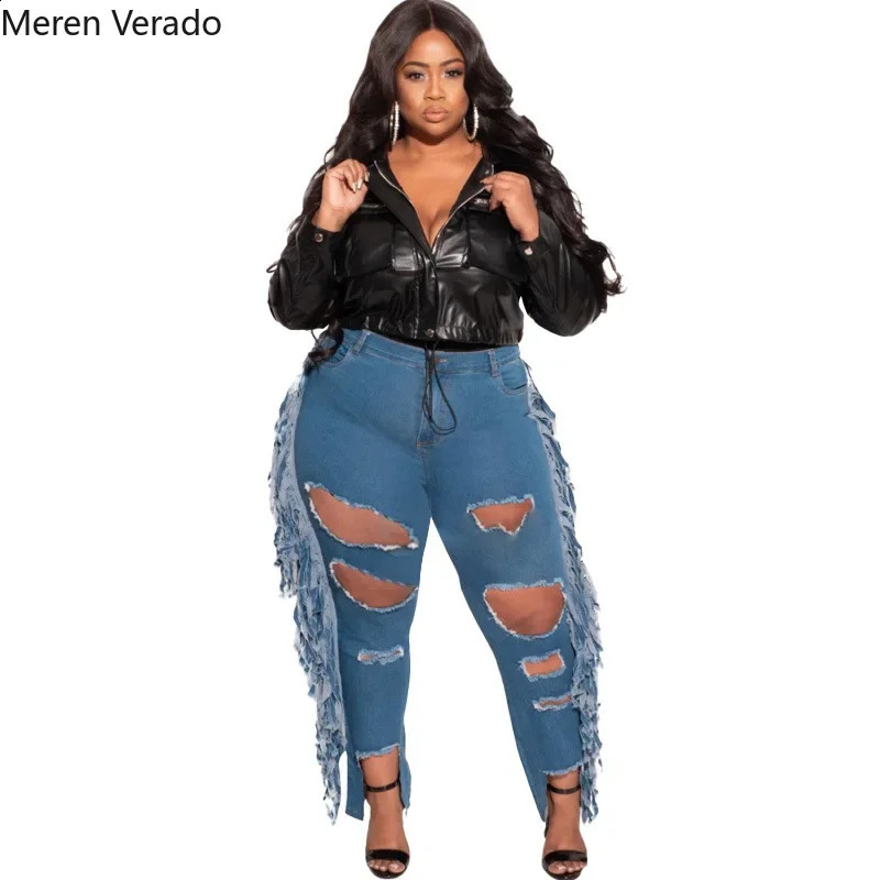 Meren Verado XL-5XL Washed Plus Size Women High Waist Hole Side Tassel Sexy Streer Jeans Women Autumn Denim Pencil Long Pants 250319