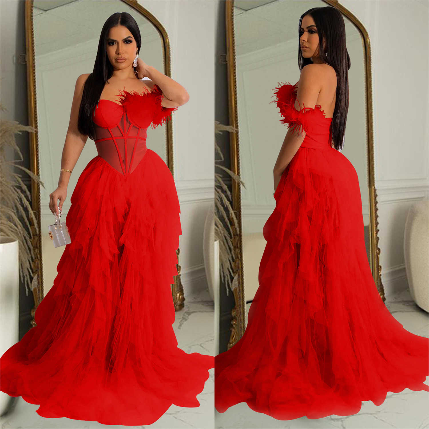 Fashion Women's Solid Sleeveless Wrapped Chest Mesh Long Dress 250315