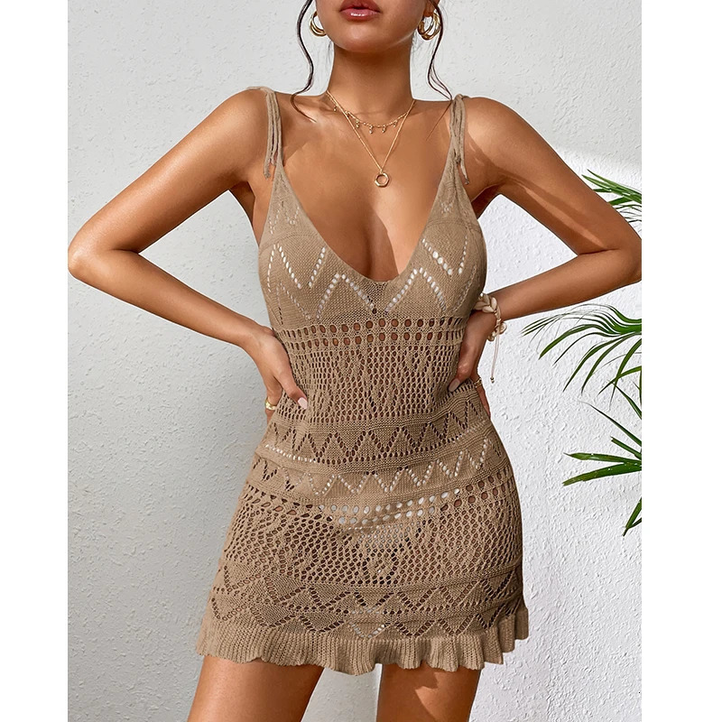 Halter Sleeveless Solid Color Dress Women Summer Vacation Knitted Bikini Cover Up Backless Stylish Beach Dresses 250320