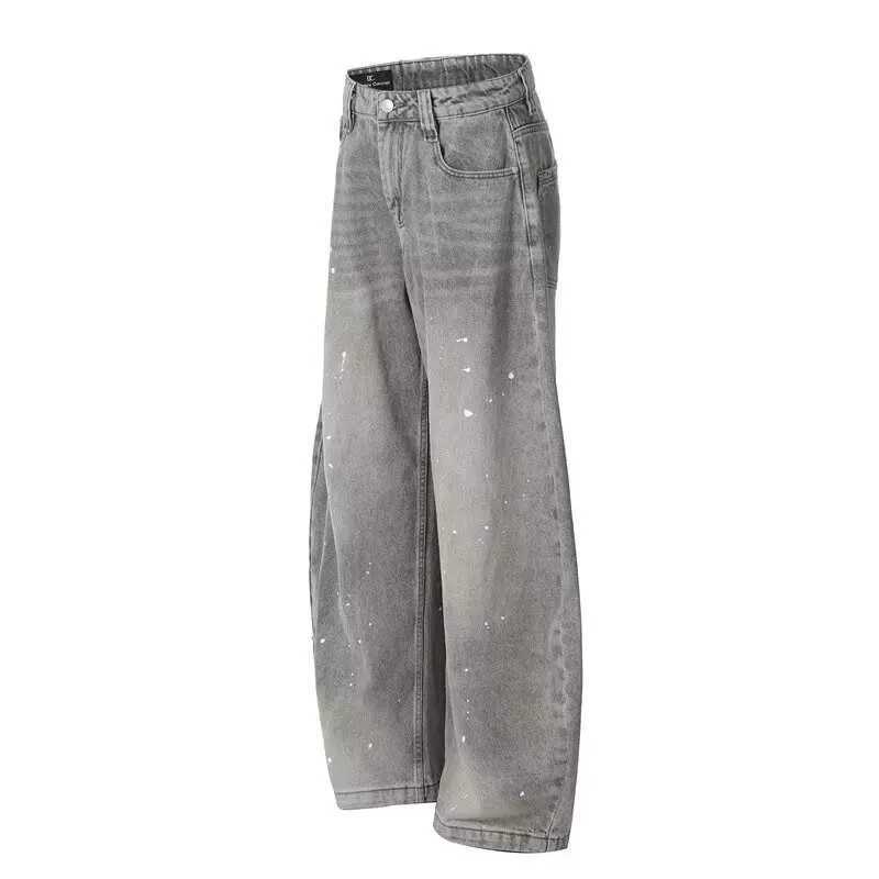 Spring and Autumn Retro Washed Vintage Grey Splash Ink Curved Knife Jeans for Men and Women Trendy Brand American Street Loose PT250319