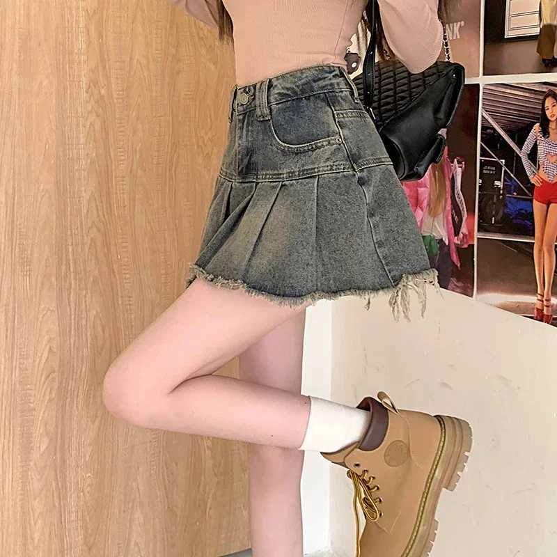 Summer womens Y2k high waisted mini skiing girl Korean A-line denim pleated dress Fe fashion punk blue Harajuku jeans skiingXJ250320