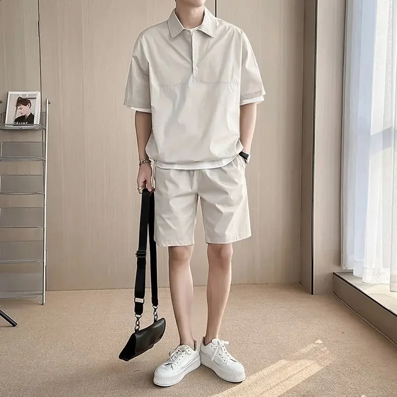 Mens summer polo shirt two-piece buttoned up casual cargo sports summer track and field clothing fashionable short sleevedshort sleeved set 250318