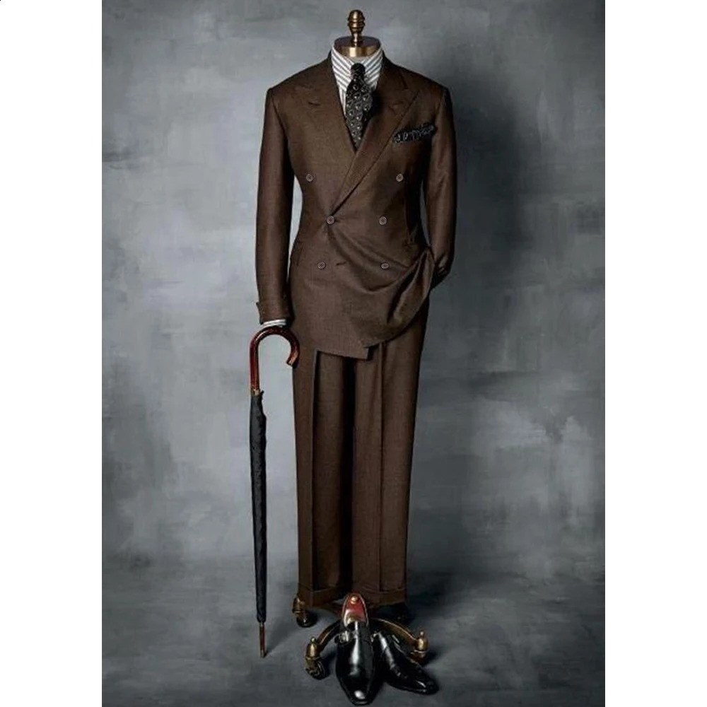 Brown Mens Suit Double Breasted Notch Lapel 2 Piece Jacket Pants Costume Homme Business Gentleman Slim Fit Male Clothing 250311
