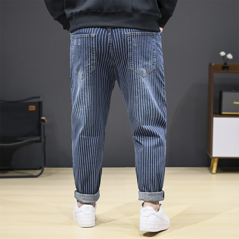 Plus Size 7XL Fashion Stripe Trend Jeans Men's Hip Hop Denim Pants Spring Summer Harem Trousers Men Elastic Waist Bottoms Blue XXXXXL