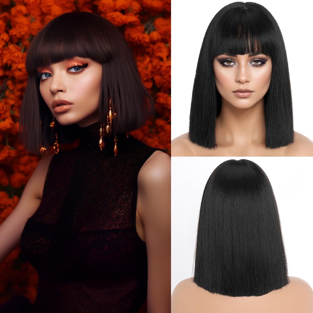 Short Black Bob Wigs with Bangs,Short Straight Bob Black Wigs for Women Hair Bob Cut Wig Shoulder Length Wig,Natural Looking Cosplay Daily Party Wig H