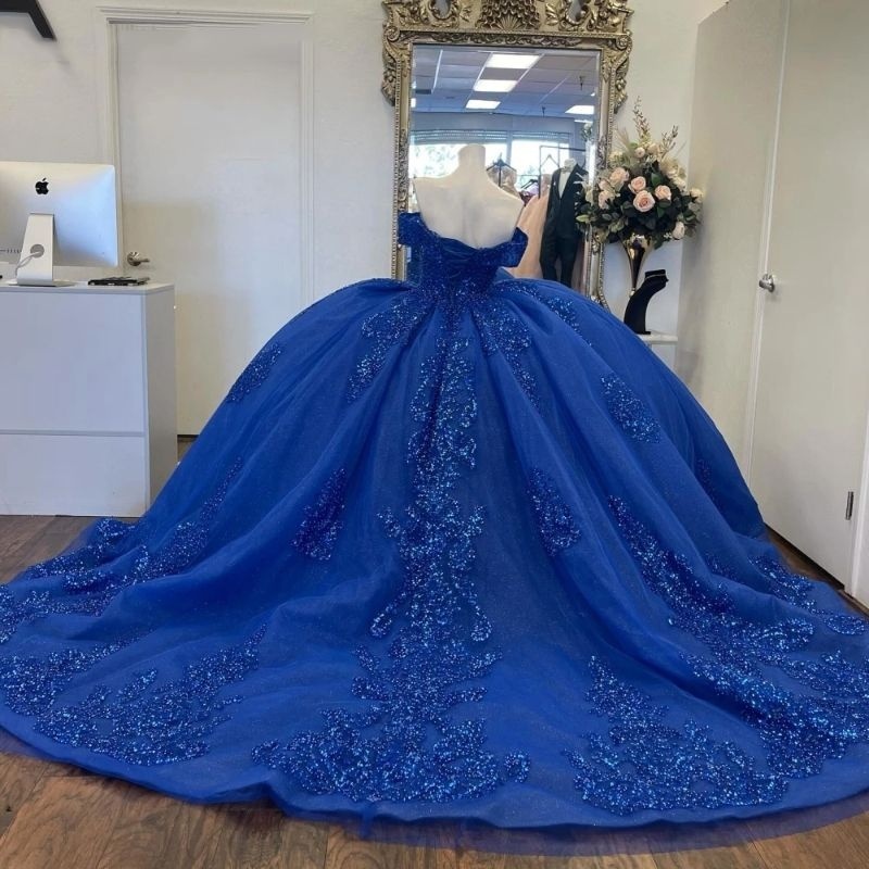 Royal Blue Shiny Quinceanera Dress Ball Gown Off The Shoulder Lace Applique Beaded Tull Sweet 16 Dress Vestido De 15 Anos