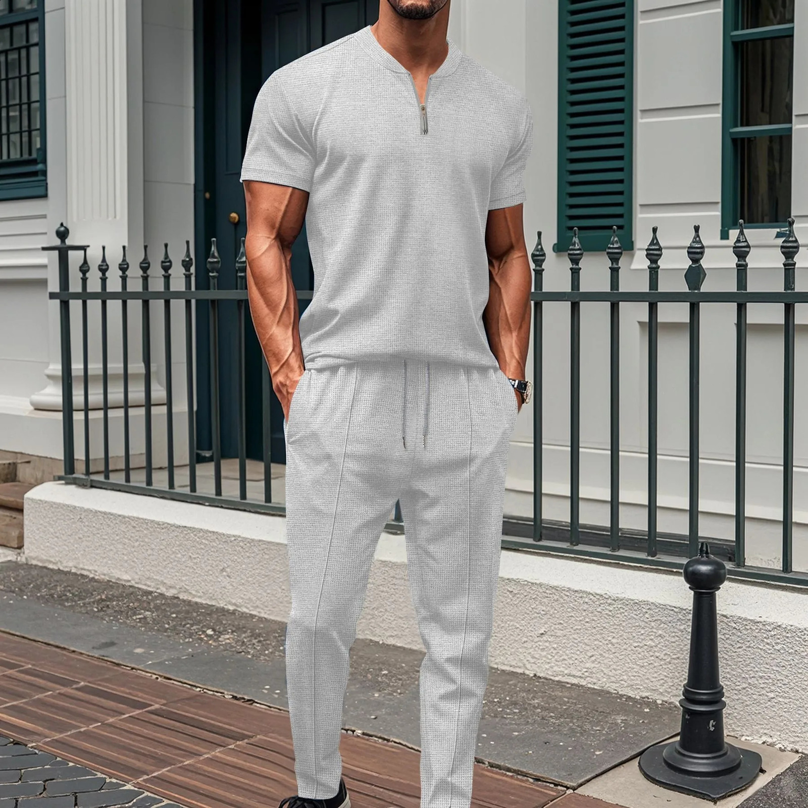 mens Xinhua collar small zipper solid color polo shirt mens T-shirt short sleeved mens two sets 250318