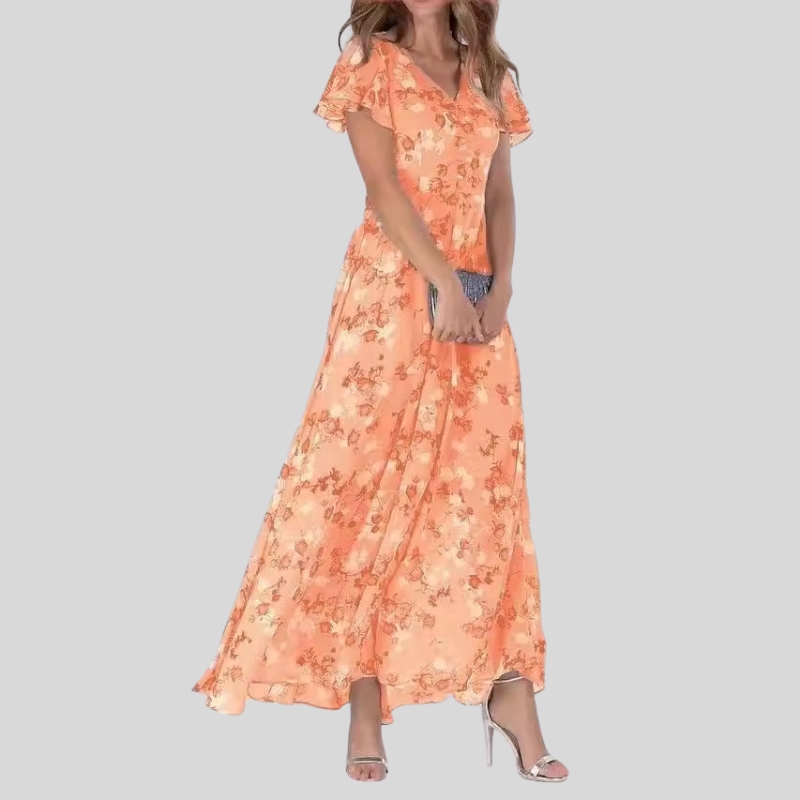 New beach pendulum long dress chiffon floral short-sleeved ruffle V-neck fashionable waist dress