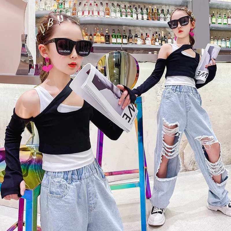 Kids Hole Jeans For Girls Spring Casual High Waist Wide Leg Pants Baby Girls Ripped Denim Trousers Children Clothing 5-14 YearsT250326
