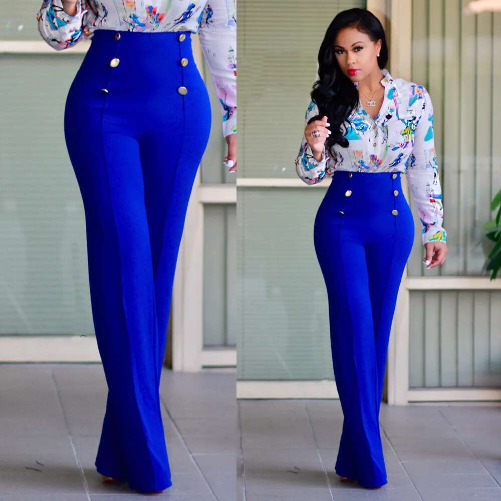 Office Lady Solid Basic Baggy Pant Fashion Women High Elastic Waist Button New Wide Leg Pants Casual Communte Beauty Trousers